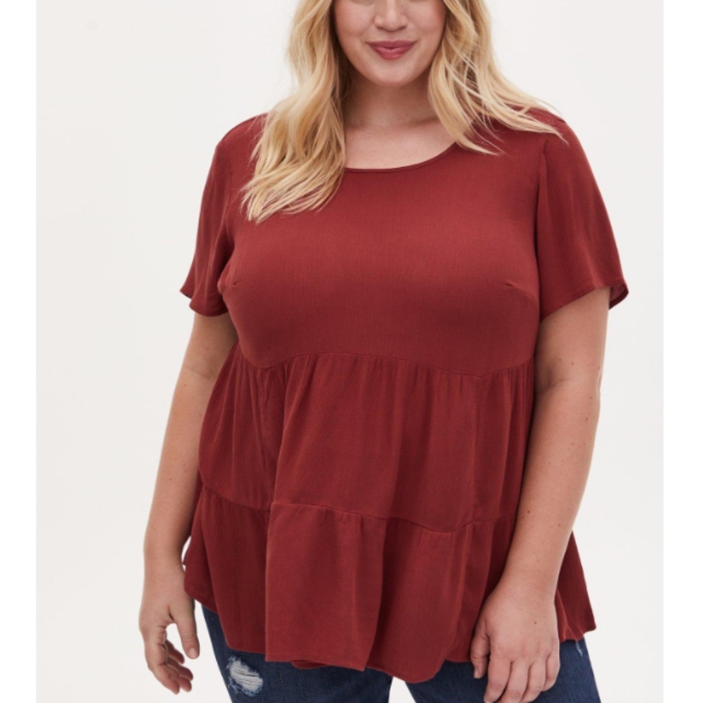Torrid - Rayon Crepe Short Sleeve Babydoll Rust Red Brown Tiered Top - 1X